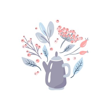 Meyveleri, çaydanlık, yaprak ve metin için yer ile dalları ile Noel vektör bitki buketi. Kış tebrik kartı için izole xmas çay illüstrasyon