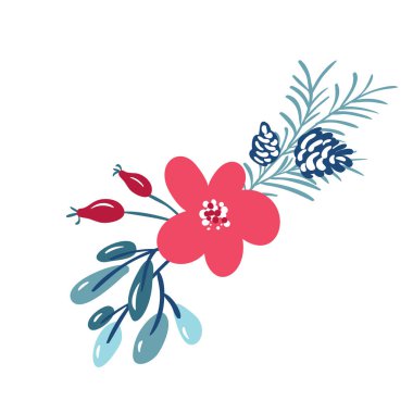 Metin için yer ile çilek ve köknar dalları ile Noel vektör çiçek buketi. Kış tebrik kartı tasarımı için izole xmas illüstrasyon, bölücü