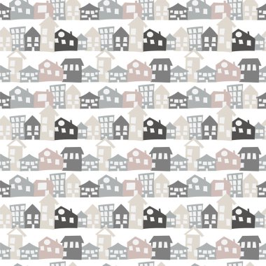 El çizilmiş doodle evleri ile İskandinav dikişsiz desen. Sevimli çocuk vektör doodle. erkek odası, tatil tekstil, web tasarım için arka plan