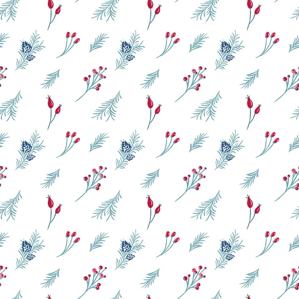 Patrón sin costura Vector Navidad de bayas rojas, rama de pino. Diseño de fondo de invierno para tela textil, pared web, tarjeta de felicitación — Vector de stock