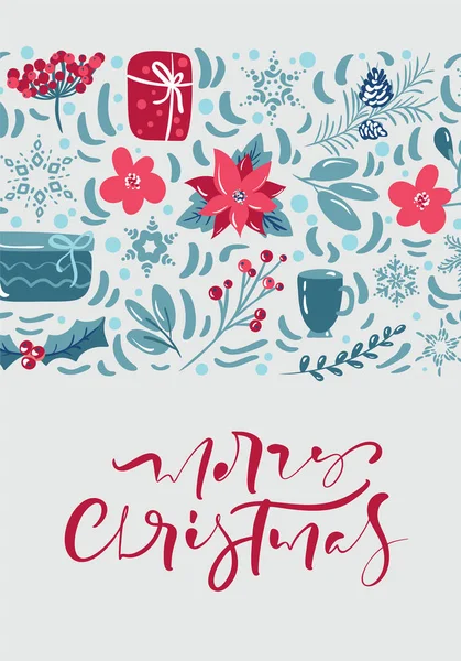 Frohe Weihnachten kalligrafischer Schriftzug handgeschriebenen Text. Grußkarten-Design mit floralem Dekor. Moderne Wintersaison Postkarte, Broschüre, Wandkunst Design — Stockvektor