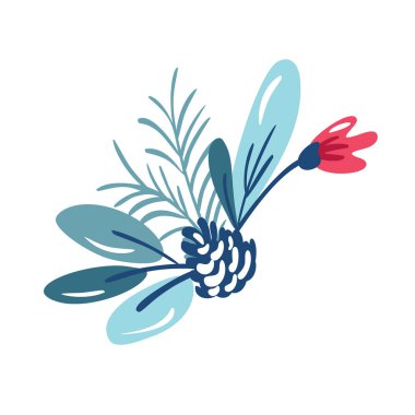 Metin için yer ile çilek ve köknar dalları ile Noel vektör çiçek buketi. Kış tebrik kartı tasarımı için izole xmas illüstrasyon, bölücü