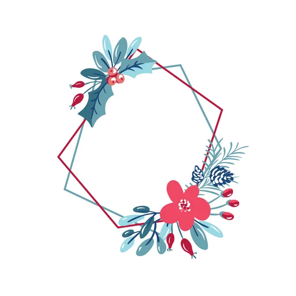 Vector geometric polygon frame with bouquet wreath. Christmas template for greeting card. Winter frame cones and pink flowers isolated on white background with place for text — 스톡 벡터