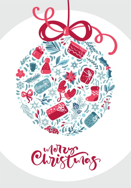 Frohe Weihnachten kalligrafischer Schriftzug handgeschriebenen Text. Grußkarten-Design mit Blumenball mit weihnachtlichen Elementen. Moderne Wintersaison Postkarte, Broschüre, Wandkunst Design — Stockvektor