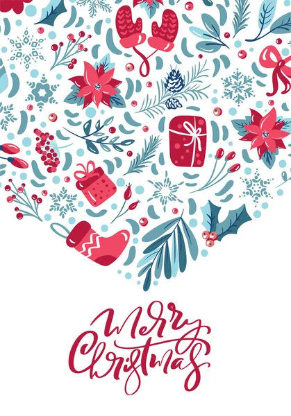 Frohe Weihnachten kalligrafischer Schriftzug handgeschriebenen Text. Grußkarten-Design mit floralen Weihnachtselementen. Moderne Wintersaison Postkarte, Broschüre, Wandkunst Design — Stockvektor