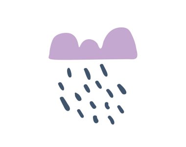 Leylak bulutu ve yağmur damlaları olan şirin bir vektör posteri ya da kart. İskandinav tarzında modern çocuk posterleri. Çocuklar için iyi, bebek odası tasarımı ve baskısı. El çizimi karalama