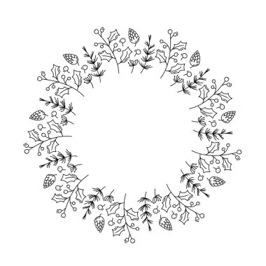 Yılbaşı monolin vektör çelengi koni dallarıyla ve böğürtlenli ve metin için yeri olan. Tebrik kartı, poster ve internet için izole xmas illüstrasyonuName