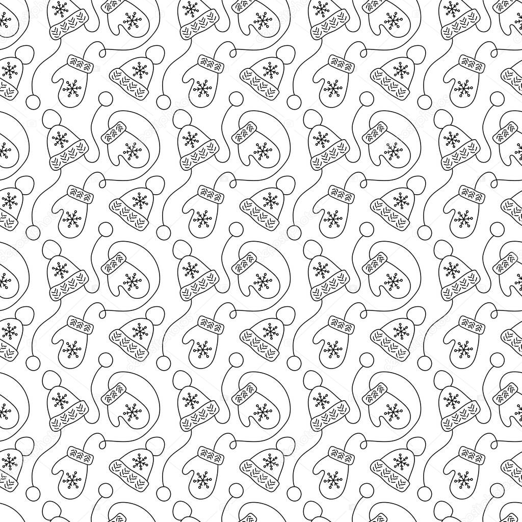 Vintage monoline Christmas seamless pattern with mittens and winter hats. Vector illustration for textile, greeting card, children wallpaper