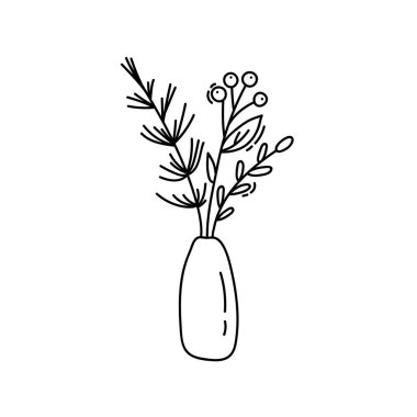 Monolin yılbaşı çiçekleri şişelere konur. Vektör dekor kış çizimi. Tebrik kartı, poster ve web için tasarım ögeleri