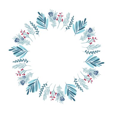 Çilekli Noel çelengi, kozalaklı ve dallı. Tebrik kartı için vektör şablonu. Kış çerçevesi metin için yeri olan beyaz arkaplanda izole edildi