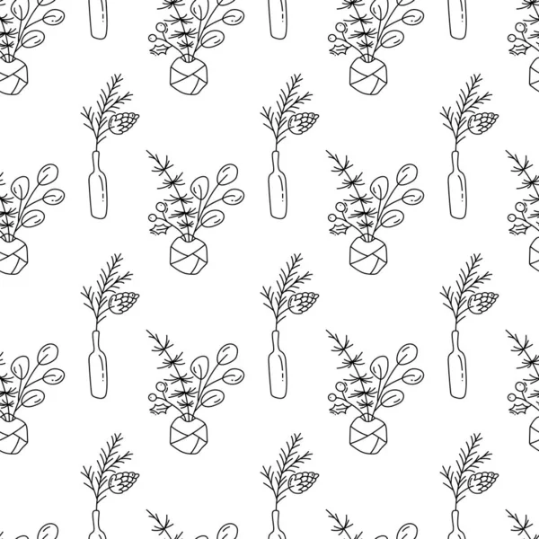 Vektor Weihnachten minimalistischen Monolin skandinavischen nahtlosen Muster Pflanzenstrauß in Flaschen. Winter Doodle Weihnachten Hintergrund für Kinder Urlaub Textil, Tapete — Stockvektor