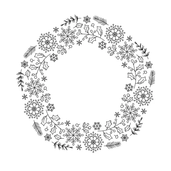 Різдвяний монолітний векторний вінок з конусними гілками, сніжинками та ягодами з місцем для тексту. Ізольована різдвяна ілюстрація для вітальної листівки, плаката та Інтернету — стоковий вектор