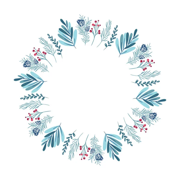 Çilekli Noel çelengi, kozalaklı ve dallı. Tebrik kartı için vektör şablonu. Kış çerçevesi metin için yeri olan beyaz arkaplanda izole edildi