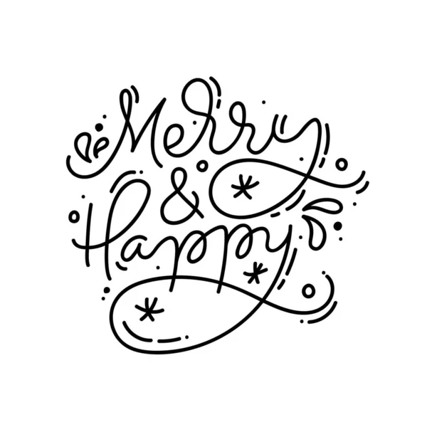 Feliz e feliz caligrafia mão escrita monolina texto de Natal. Natal feriados lettering para cartão de saudação, cartaz, moderno inverno estação cartão postal, brochura — Vetor de Stock