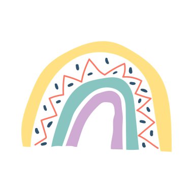 Yaratıcı Hygge vektör gökkuşağı. Beyaz arka planda izole edilmiş İskandinav tarzı. Giysi, poster, çocuk odası dekorasyonu için çocukça baskılar.