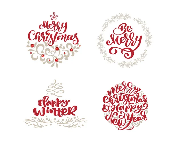 Merry Christmas vector scandinavian set with vintage style elements and trendy holiday text quotes. Bundle Doodle Illustration in red pastel color — Stock Vector