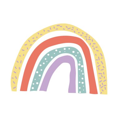 Yaratıcı Hygge vektör gökkuşağı. Beyaz arka planda izole edilmiş İskandinav tarzı. Giysi, poster, çocuk odası dekorasyonu için çocukça baskılar.