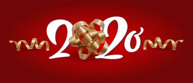 Gerçekçi 2020 beyaz numara ve kırmızı arka planda neşeli spiral kurdeleler. Vektör tatil illüstrasyonu. Mutlu 2020 seneleri. Yeni yıl süsü. Dekorasyon ögesi