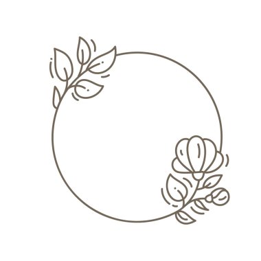 Çiçekçi dükkanları ve organik kozmetik ürünleri için modaya uygun doğrusal çerçeve içinde vektör vintage çerçeve, yapraklı ve çiçekli metin ve daire arkaplan için kopya alanı ile monogram tasarım şablonu