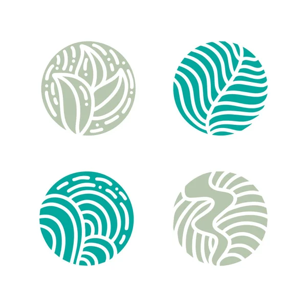 Conjunto de bio emblema redondo em um estilo linear círculo. Logotipo de folha verde de planta tropical. Distintivo abstrato de vetor de design de produtos naturais, cosméticos, conceitos de ecologia, spa, centro de ioga — Vetor de Stock