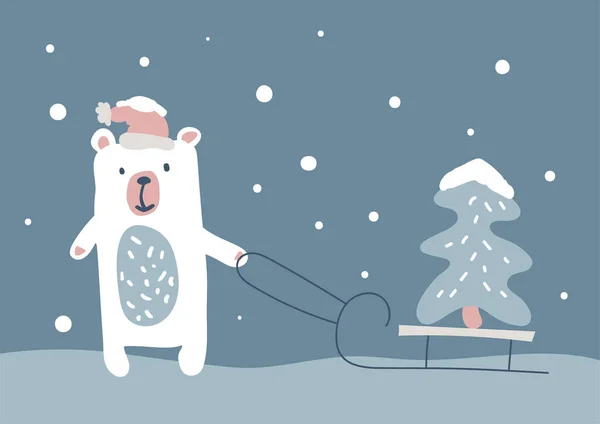 Büyük kutup ayısı Noel ağacından bir kızak taşıyor. Yatay pankart, Noel kartı, mevsimlik selamlar. Vektör illüstrasyon İskandinav — Stok Vektör