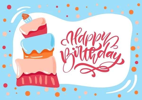 З днем народження каліграфічний текст для запрошення з солодким тортом. Векторні ілюстрації — стоковий вектор