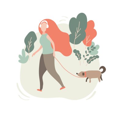 Oyunculu ve köpekli kulaklıklı kadın vektör yürüyüşü. Sonbahar ağaçlarının arka planında. Sağlıklı bir yaşam tarzının ve çevrenin reklamında kullanılabilir. Görüntü