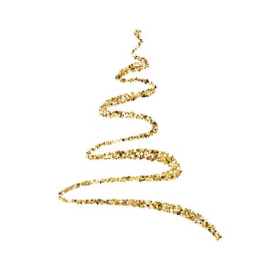 Vector golden stylized scribbled Christmas tree logo. Doodle hand drawn xmas element of design for greeting card, banner, poster