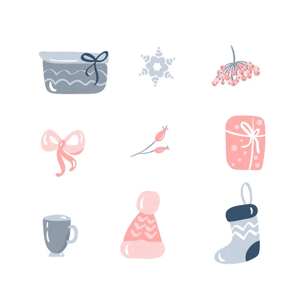 Iconos de decoración navideña con hojas, sombrero, calcetines, cinta y otros artículos. Elementos aislados vector paquete de ilustración — Vector de stock