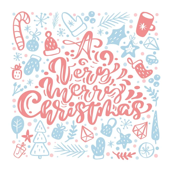 非常にメリークリスマスの書道レタリング手書きベクトルテキスト。xmas要素でグリーティングカードのデザイン。現代の冬の季節のポストカード、パンフレット、壁のアートデザイン — ストックベクタ
