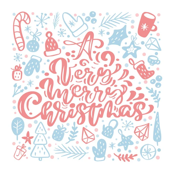 Ein sehr fröhlicher weihnachtlicher kalligrafischer Schriftzug mit handgeschriebenem Vektortext. Grußkarten-Design mit weihnachtlichen Elementen. Moderne Wintersaison Postkarte, Broschüre, Wandkunst Design — Stockvektor