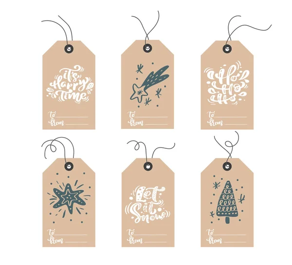 Conjunto de etiquetas de elementos de Natal escandinavo desenhado à mão doodle com lugar para texto. Coleção férias vetor dom tags e agregar elementos decorativos hygge xmas — Vetor de Stock