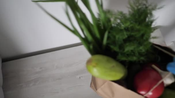 Mujer sostiene y pone de mano a mano en guantes protectores verduras llenas bolsa de papel para llevar. Cuarentena segura servicio de entrega sin contacto de alimentos. Plantilla de embalaje — Vídeo de stock