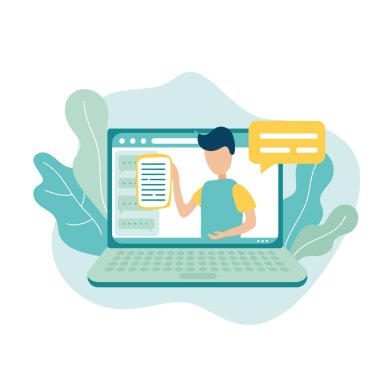 Düz moda vektör illüstrasyonu. Çevrimiçi eğitim konferansı ikonu. Bilgisayarın ekranında bir erkek öğretmenin olduğu dizüstü bilgisayar.