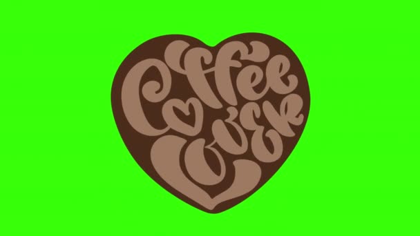 Caligrafia desenhada à mão texto lettering Coffe amante em forma de coração isolado em fundo marrom. Frase sobre o tema do café. Filmagem gráfica de movimento Full HD com chave chroma — Vídeo de Stock