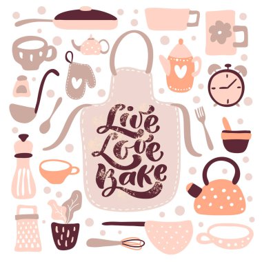 Tebrik kartı Live Love Bake kaligrafisi yemek blogu için aprondaki vektör mutfak metnini işaretliyor. Elle çizilmiş sevimli tırnak dizaynı İskandinav yemek pişirme öğesi. Restoran, kafe ya da afiş için.