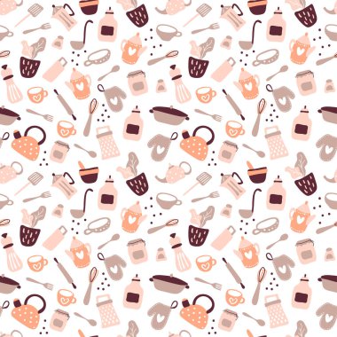 Beyaz arka planda yemek pişirme araçlarıyla renksiz desen. Ev yapımı yemek hazırlamak için mutfak gereçleri. Tekstil baskısı ve ambalaj kağıdı için düz bir illüstrasyon