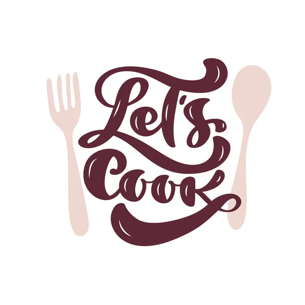 Permite cocinar caligrafía letras vector cocina texto con cubiertos para el blog de alimentos logo. Diseño de cita de motivación dibujado a mano. Ilustración para restaurante, menú de cafetería o pancarta, cartel — Vector de stock