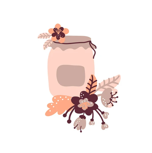Vector floral jam jar illustration for food blog. Hand drawn cute design element. For restaurant, cafe menu or banner, poster — Stock Vector