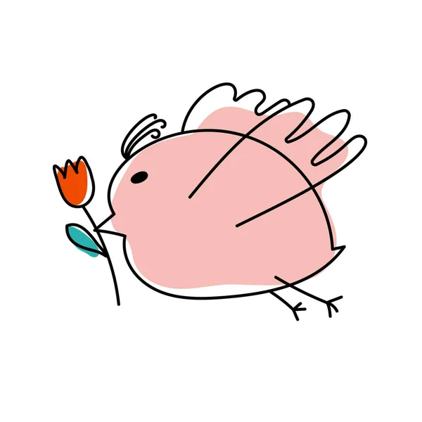 Vecteur volant mignon dessin animé gros oiseau avec tulipe de fleurs dans le bec. Un oiseau dessiné à la main. Élément de design pour enfants pour carte de vœux, livre, affiche ou bannière d'été — Image vectorielle