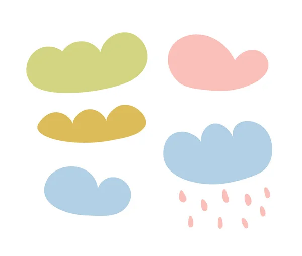 Elle çizilmiş sevimli bulutlar yağmurlu. Çocuk duvar kâğıtları için tasarım, resimli kitaplar. Karikatür doğa karalaması — Stok Vektör