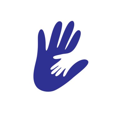 Ebeveyn ve çocuğun el logosu. Konsept vektör grafiği. Bu çizim ebeveynler ve çocuklar arasındaki ilişkiyi gösteriyor. Çocuğun eli, annenin ya da babanın elinin üzerine konur.