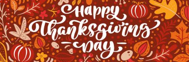 Şükran Günü panoramik afişleriniz kutlu olsun. Kabaklı ve yapraklı yazı kaligrafisi. İzole edilmiş vektör illüstrasyonu. Olumlu bir tatil alıntısı. El çizimi modern fırça