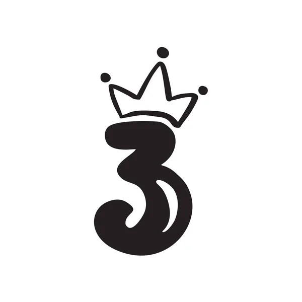 有皇冠的矢量香脂3号。公主元素字体标志。瓦伦丁手绘字母符号用于页面装饰和设计说明.贺卡、婚礼或邀请函 — 图库矢量图片