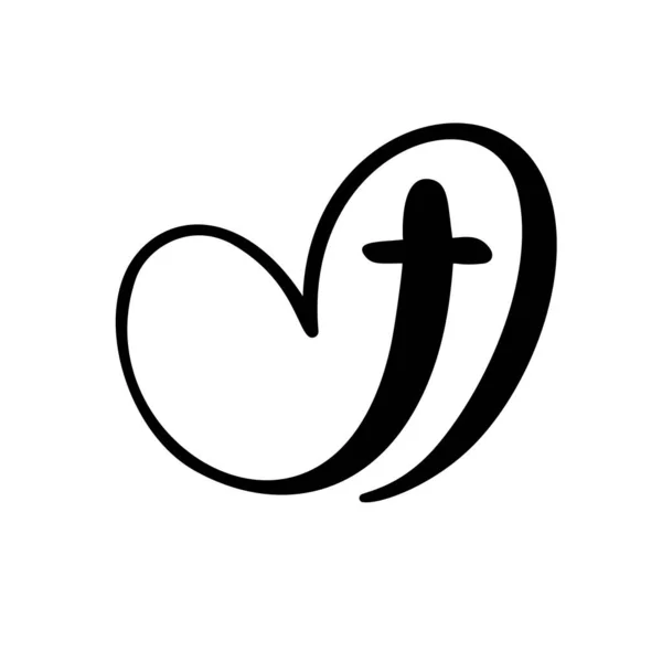 Plantilla vector logotipo para las iglesias y las organizaciones cristianas cruzan en el corazón. Caligrafía religiosa signo emblema cruz y corazón. Ilustración minimalista — Archivo Imágenes Vectoriales