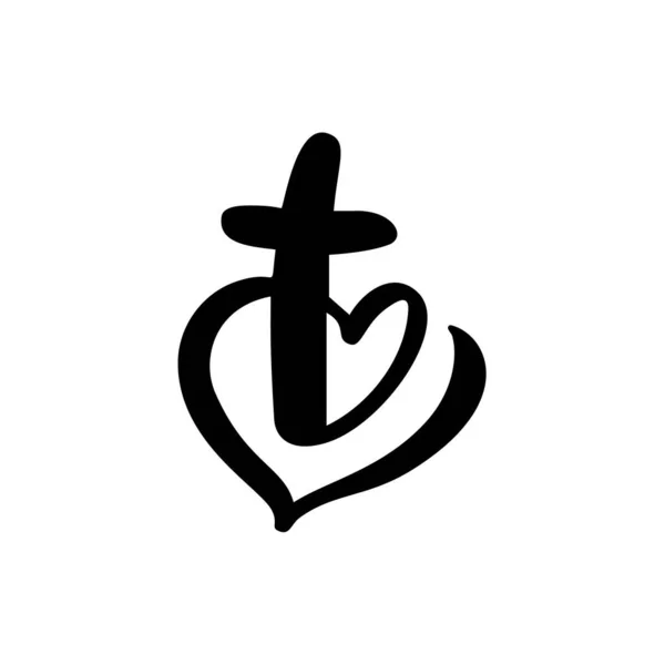 Modello vettoriale logo per le chiese e le organizzazioni cristiane croce sul cuore. Calligrafia religiosa segno emblema croce e cuore. Illustrazione minimalista — Vettoriale Stock