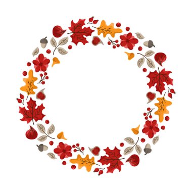 Metin için yeri olan vektör sonbahar yuvarlak çelenk. Şükran Günü 'nde yapraklar, akorlar ve böğürtlenlerle. Baskı, tebrik kartı, kupalar için resim çizimi. Sonbahar kavramı