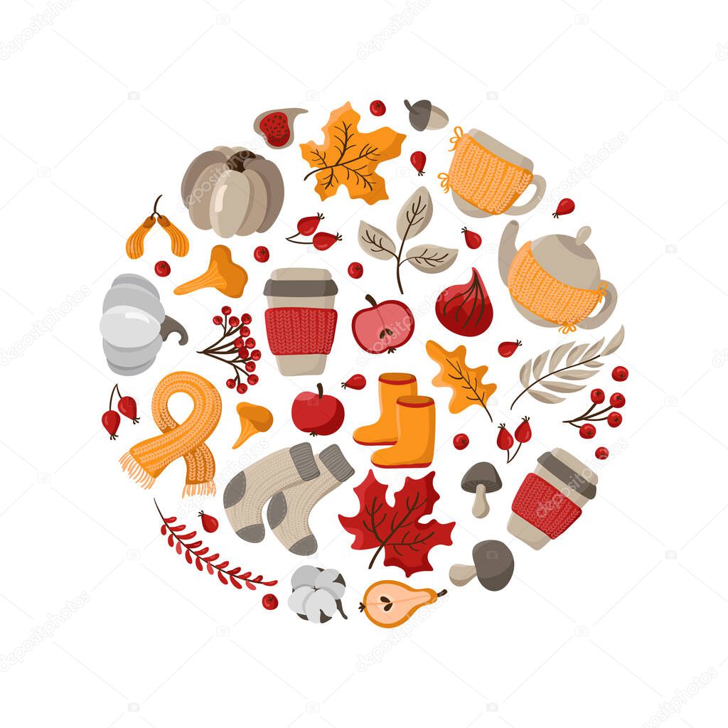 Vector autumn round frame for background. With leaves, acorts and berries for Happy Thanksgiving Day. Template illustration for print, greeting card, mugs. Fall concept
