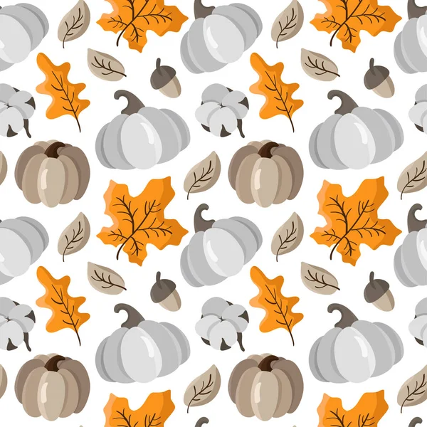 Herbstnahtloses Muster mit Kürbissen, Blättern, Eicheln und Baumwolle. Schöner Hintergrund für Erntedankfest — Stockvektor