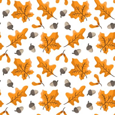 Sonbahar yaprakları ve meşe palamutlarıyla kusursuz vektör deseni. Şükran Günü için güzel bir arkaplan, duvar kağıdı, çocuk tekstili.
